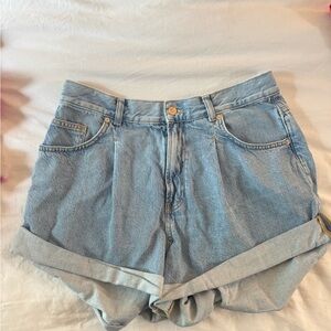 Free People Blue Jean Shorts with Frayed Hem and Relaxed Fit
